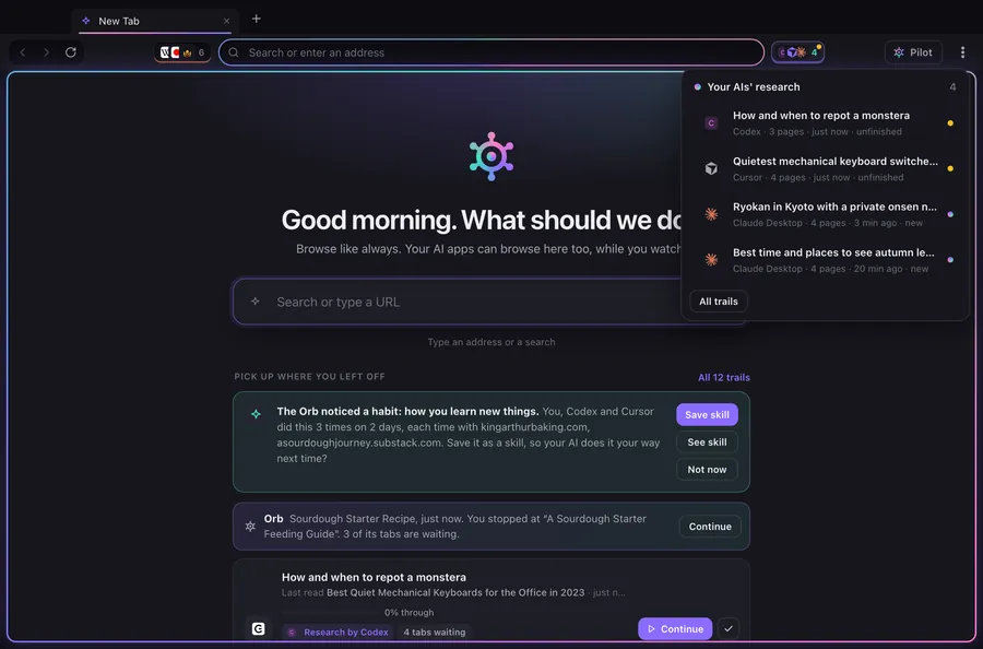 The Skillerr window: Your AIs' research lists four research trails by Codex, Cursor and Claude Desktop, new or unfinished; the start page shows The Orb noticed a habit, with Save skill.