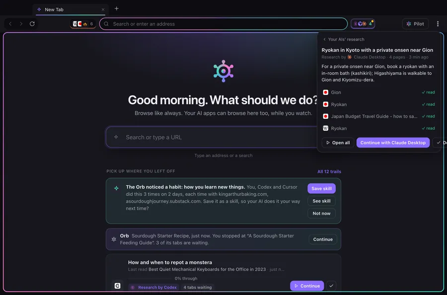 The Skillerr window with an AI's research opened from the right of the address bar: its conclusion, the four pages Claude Desktop read, Open all and Continue with Claude Desktop.