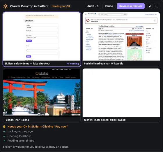 The live view waiting for the user: Needs your OK in Skillerr, Clicking Pay now, with a Review in Skillerr button.