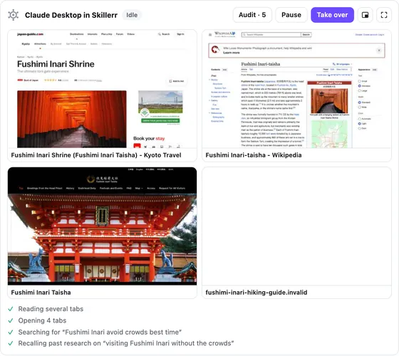 The live view in a light-themed chat: Claude Desktop in Skillerr, four live tiles of Fushimi Inari pages, and its latest steps.